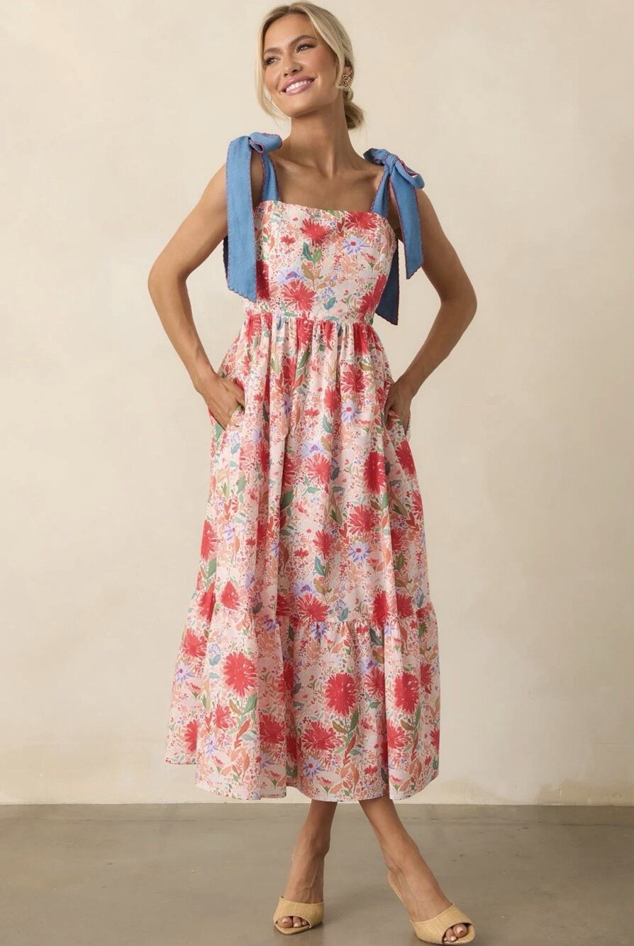 Entro Red Floral Midi Dress Women’s Large Cottage Core Boho Prairie Peasant